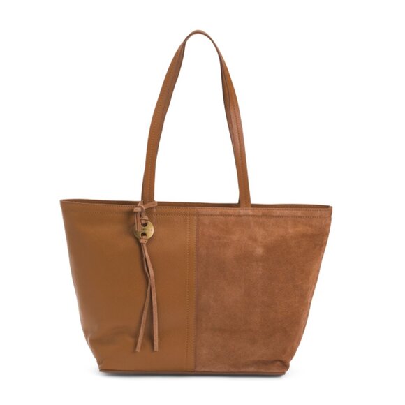 LUCKY BRAND Honey Tan Leather Pebbled Zip Top Tote With Suede Detail